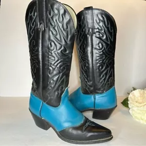 Wrangler Sz 7 Vintage Black Turquoise Western Rodeo Boots - Picture 1 of 11