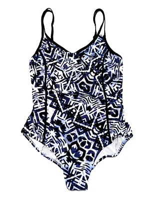 Traje de baño Catalina, blanco, negro y azul claro estampado totalmente forrado, talla 3X Foto 1 de 3