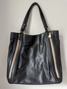 Pour La Victoire Nouveau Large Expandable Black Leather Tote Handbag Purse - Picture 1 of 3