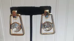 Chunky GT Metal Clear Crystal Inset Trapezoid Doorknocker Clip-On Earrings - Picture 1 of 3