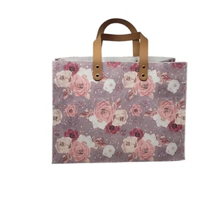Floral Canvas Tote Bag Cotton With Leather Straps size Medium Bohemian Pink - Picture 1 of 7