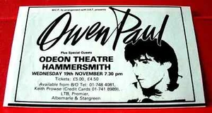 Owen Paul Hammersmith Gig Vintage ORIGINAL 1986 Press/Magazine ADVERT 4"x 2.5" - Imagen 1 de 3