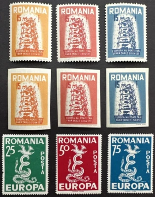 Romania 1956-1958 Lot of 9 Europa Government Exile Mint Stamps MNH OG Propoganda - Image 1 of 2