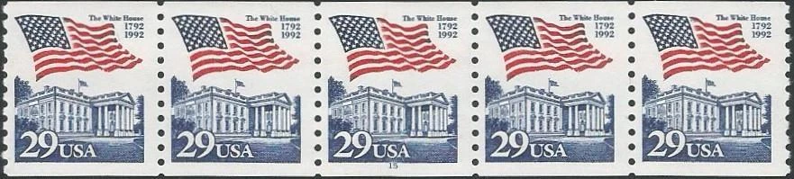 Strip of 5 stamps - Scott 2609 - 29 cent - Flag & White House - 1992 - MNH - Image 1 of 1