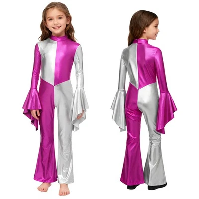 Girls Color Block Metallic Jumpsuit Dance Costume Hippie 70s Disco Fancy Dress - Image 1 of 4