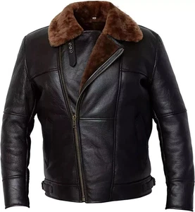 Schwarz Raf Aviator B4 Herren Schafsfell Echt Lammfell Leder Flight Bomber Jacke - Bild 1 von 4