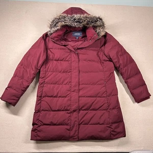 Land's End Coat Womens XL Down Puffer Parka Maroon Burgundy Faux Fur Arctic - Picture 1 of 13
