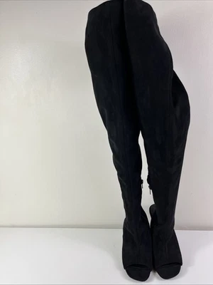 Steve Madden Kimmi Peep Toe Over The Knee Boots Black Suede Block Heel 7 Coquett - Image 1 of 4