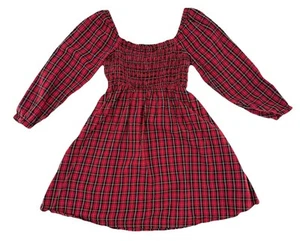 Old Navy Girl’s Red Plaid Long Sleeve Smocked Fit & Flare Dress Tie Back L 10-12 - Picture 1 of 8