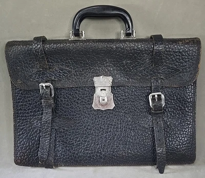 Maletín de cuero en relieve exótico vintage de los años 20 estuche negro correas hebillas Foto 1 de 4