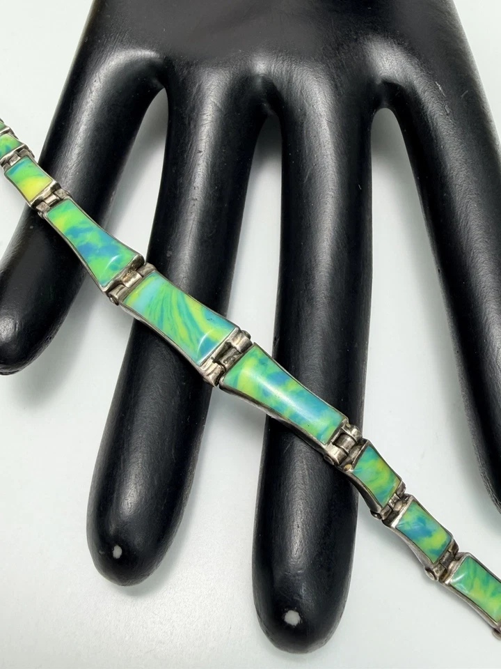 Brazalete Vintage México Plata Esterlina Arte Panel Vidrio Verde Azul Opalino Foto 1 de 4