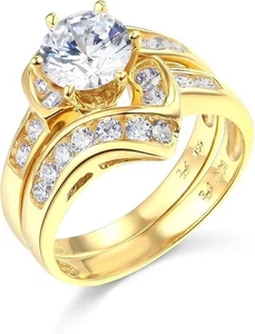 4 Ct Simulated Real 14K Yellow Gold Engagement Wedding Ring Set Matching Band - Picture 1 of 3