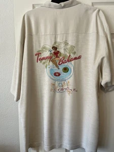 Tommy Bahama Shirt Mens XL Beige 100% Silk Embroidered Back Graphic Pool Party - Picture 1 of 6