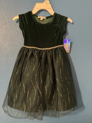 Vestido de Natal novo com etiquetas Charming Nannette verde/dourado veludo mangas curtas tamanho 4T - Imagem 1 de 3