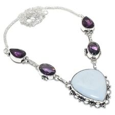 Owyhee Blue Opal & Amethyst Gemstone Handmade Silver Jewelry Necklace 18"