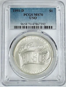 1991 D USO Anniversary Commemorative Silver Dollar PCGS MS 70 50th Anniversary - Picture 1 of 2