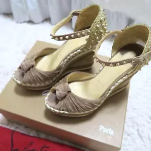 Christian Louboutin Sandals Wedge Studs Beige Size 36 US 6 Width Box Bag - Picture 1 of 10