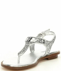 MICHAEL KORS MK PLATE ICONIC SILVER GLITTER LOGO T STRAP SANDALS SHOE HEAVEN - Picture 1 of 5
