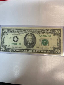 FEDERAL RESERVE NOTE 1977 J $20 DOLLAR BILL LOW SERIAL NUMBER - Picture 1 of 3