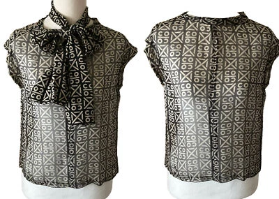 Blusa manga gorra de seda con logotipo negro+blanco de Chanel Coco con bufanda larga a juego talla pequeña Foto 1 de 4