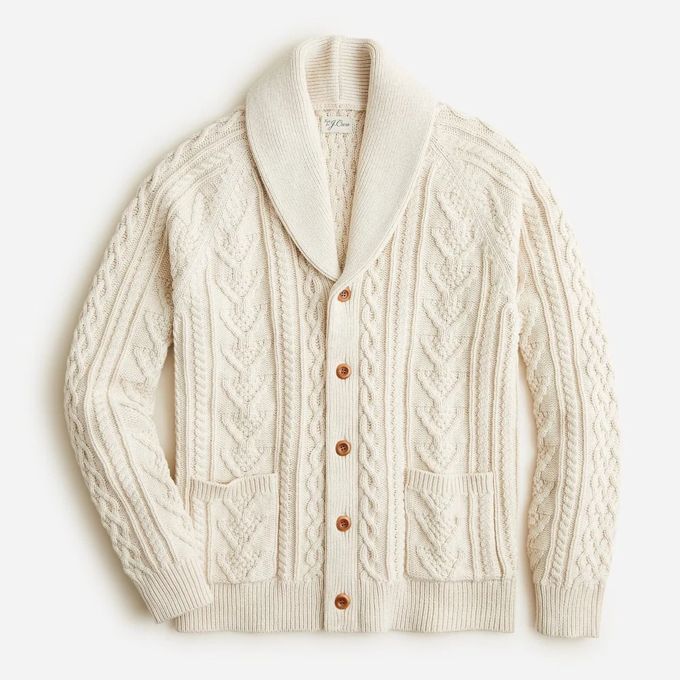 J. CREW Mens Sweater Cable-Knit Shawl Collar Cardigan Cotton Heather Natural NWT - Image 1 of 4