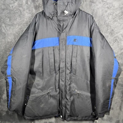 Vintage Mens Starter Down Jacket XLT Blue Black Parka Puffer Hooded Coat Winter - Image 1 of 4
