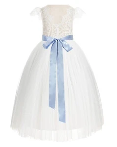 Ivory Lace Flower Girl Dress with Rhinestone Ribbon Baptism Dress Princess Dress - Picture 1 of 19