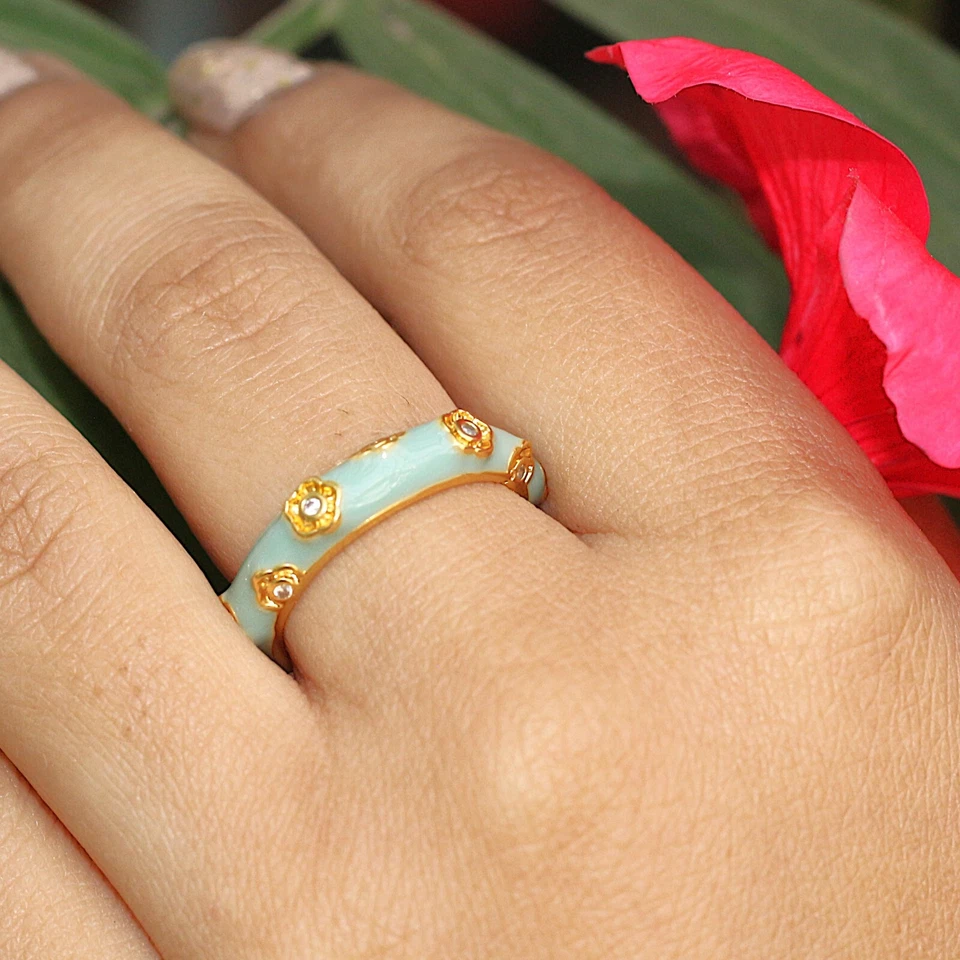 Anillo de latón ajustable mini flor dorada esmaltada amazonita para mujer regalo joyería Foto 1 de 4