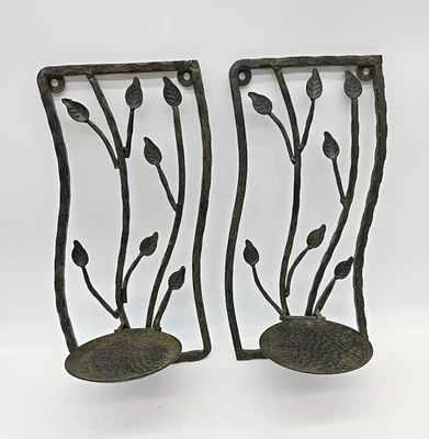 3" Pillar Candle Holder Sconce Wall Mount Vine Hammered Metal Folding 12" Set 2 - Image 1 of 4