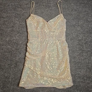 Lucy in the Sky Sequined Mini Dress Size L Champagne Gold Stretch Bodycon Party - Picture 1 of 5