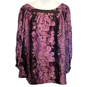 Nanette Lepore Floral Silk Top Womens Size 6 Plum Boat Neck Silky Career Blouse - Picture 1 of 7