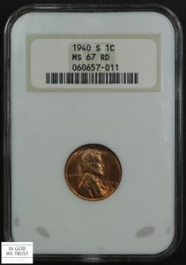 1940 S Red Lincoln Wheat Copper Cent 1C Old Fatty Holder NGC MS 67 RD - Picture 1 of 4