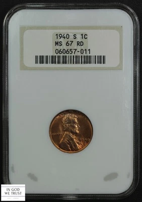 1940 S Red Lincoln Wheat Copper Cent 1C Old Fatty Holder NGC MS 67 RD - Image 1 of 4