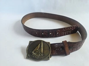 Sailing Ship Nautical Belt Buckle BTS Brass With USMC Leather Belt VINTAGE  - Picture 1 of 10