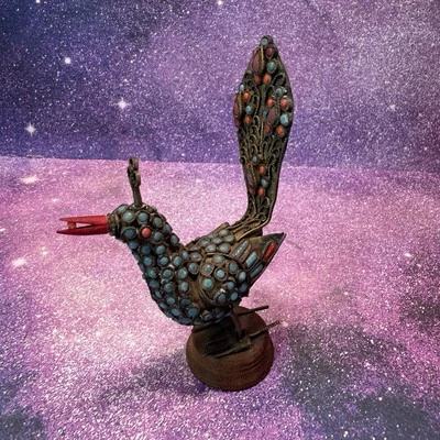 Старинный латунный клуазоне бирюзовый коралл камень мозаика павлин азиатское восточное искусство - Изображение 1 из 4