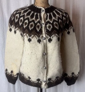 Vintage Hilda Norweger Wolle Fair Isle Strickjacke Damen L Elfenbein Braun Island - Bild 1 von 7