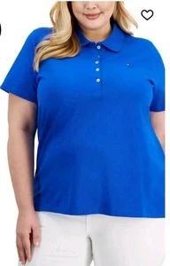 Neu mit Etikett Tommy Hilfiger Damen blaues kurzärmliges Poloshirt Übergröße 1X - Bild 1 von 7