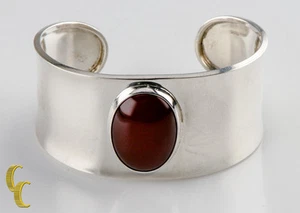 Sterling Silver Mexico .925 Polished Cuff Bracelet Red Stone Gift! - Picture 1 of 4