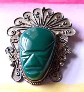 Antiguo México Plata Esterlina Tribal Máscara Rostro Prendedor Broche Colgante Filigrana Tallada - Imagen 1 de 5