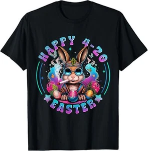 Happy 420 Easter Bunny Smoking Weed Funny Men Women T-Shirt - Picture 1 of 5