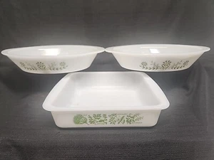 Glasbake Green Herbs and Flower White Milk Glass Divided Casseroles lot of 3 - Picture 1 of 15