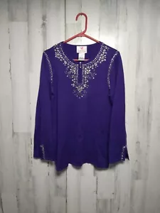 NEW Quacker Factory Small Purple Rhinestone Beaded Long Sleeve Sweater Top - Picture 1 of 10