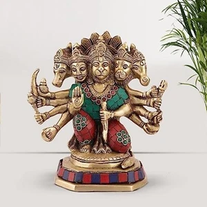 Brass God Lord Panchmukhi Hanuman Bajrangbali Bhagwan Sitting Color Idol Decor - Picture 1 of 5