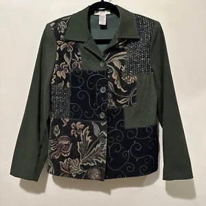 Vintage Notations Petite Olive Green Floral Patch Button Down Lightweight Jacket - Picture 1 of 6