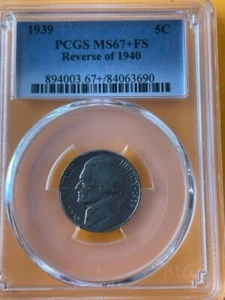 PCGS 1939 Jefferson nickel 5c MS67+FS - Picture 1 of 4