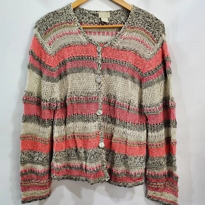 Cárdigan grande vintage Y2K Sigrid Olsen con botones rosa a rayas mezcla de lino Foto 1 de 4