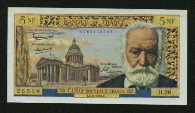 FRANCE 1960  BANQUE DE FRANCE 5 NOVEAUX FRANCS BANKNOTE, ALMOST UNCIRCULATED - Image 1 of 2