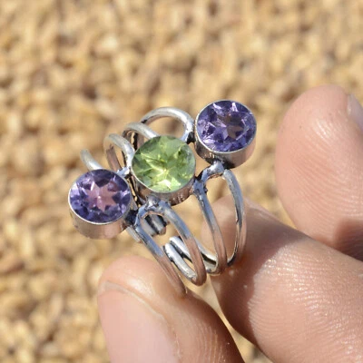 Amethyst, Peridot Gemstone Man's Ring 925 Sterling Silver Jewelry Gifted Ring - Image 1 of 4
