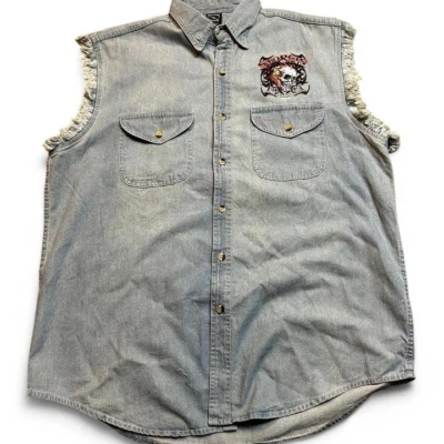 Vintage biker Sturgis 2007 denim cutoff flame skull shirt size XL - Image 1 of 4