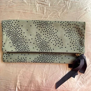 CLARE V Star Print Suede Leather Zip Clutch Gray Navy Ribbon - Picture 1 of 7